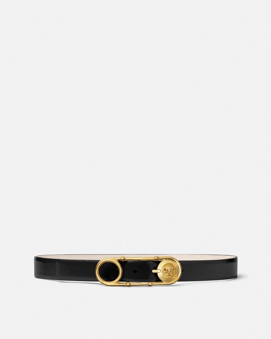 Versace Safety Pin Leather Belt 3 cm Black+Gold 1
