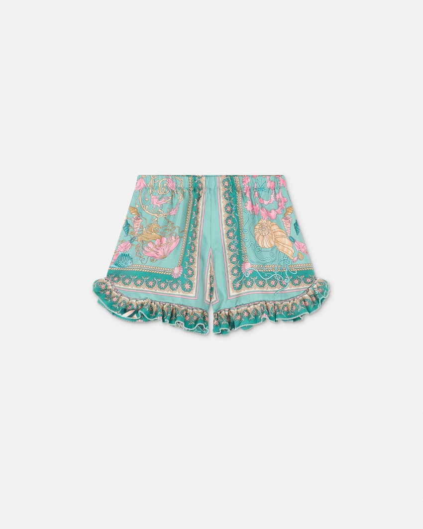Underwater Barocco Ruffled Silk Kids Shorts Green+Multicolor 1