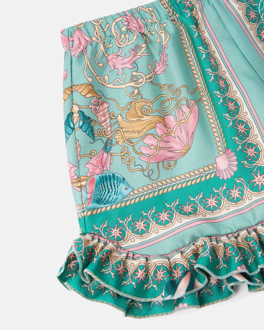 Underwater Barocco Ruffled Silk Kids Shorts Green+Multicolor 4