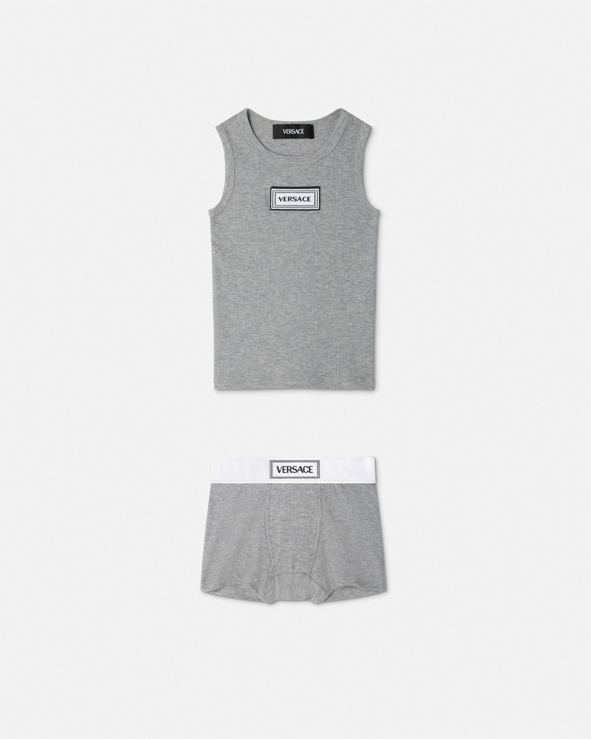 Versace Logo Ribbed Kids Underwear Set Gray 1