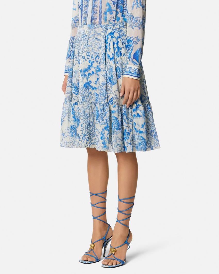 Underwater Barocco Cr&ecirc;pe Flowy Midi Skirt Blue+White 4