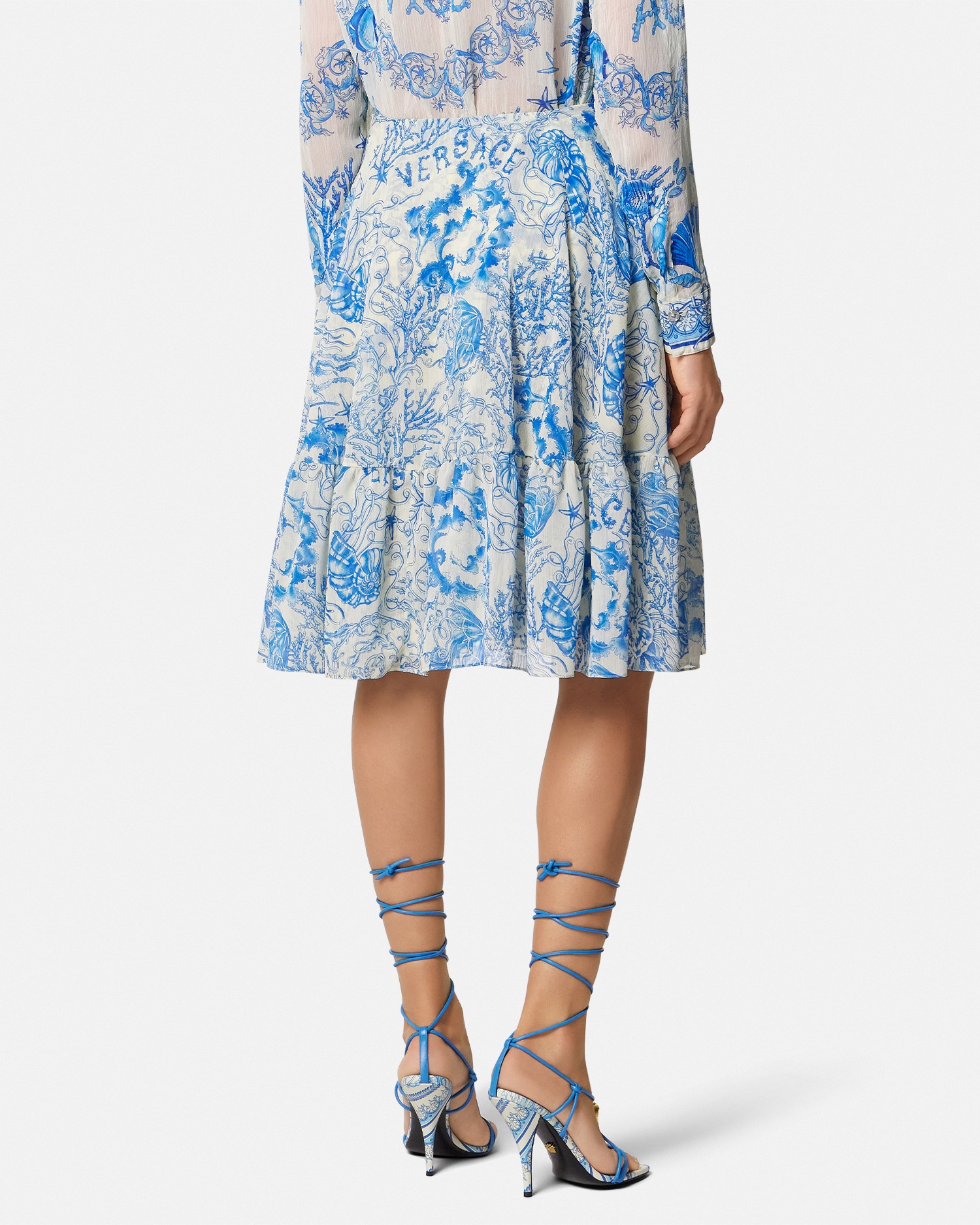 Underwater Barocco Cr&ecirc;pe Flowy Midi Skirt Blue+White 5