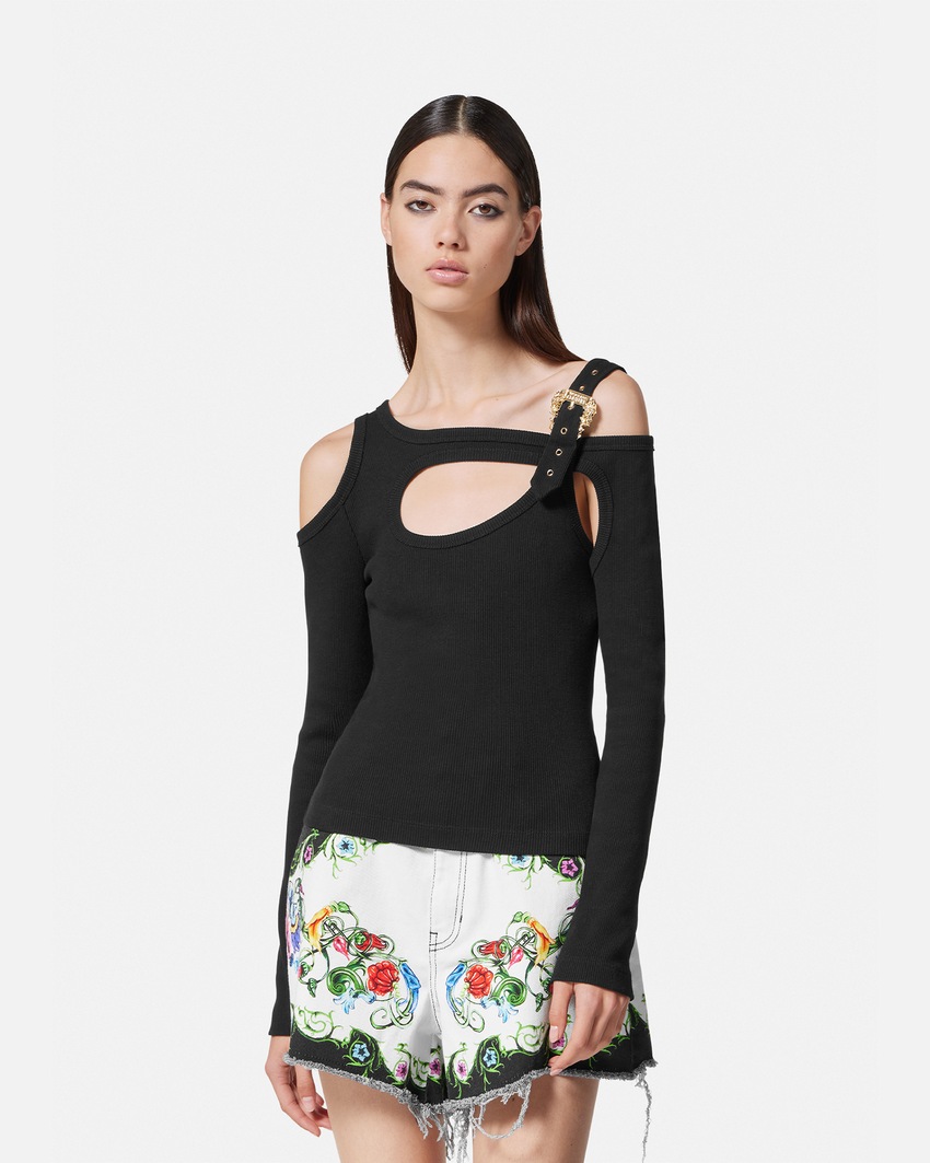 Versace Jeans Couture Baroque Buckle Cutout Top Black+Print 3
